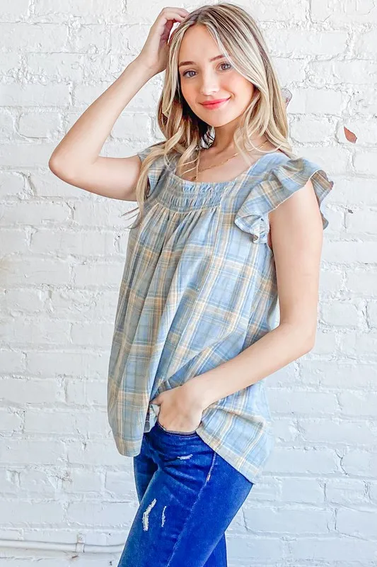 And The Why Plaid Print Smocked Detail Ruffle Baby Doll Top - Image 2