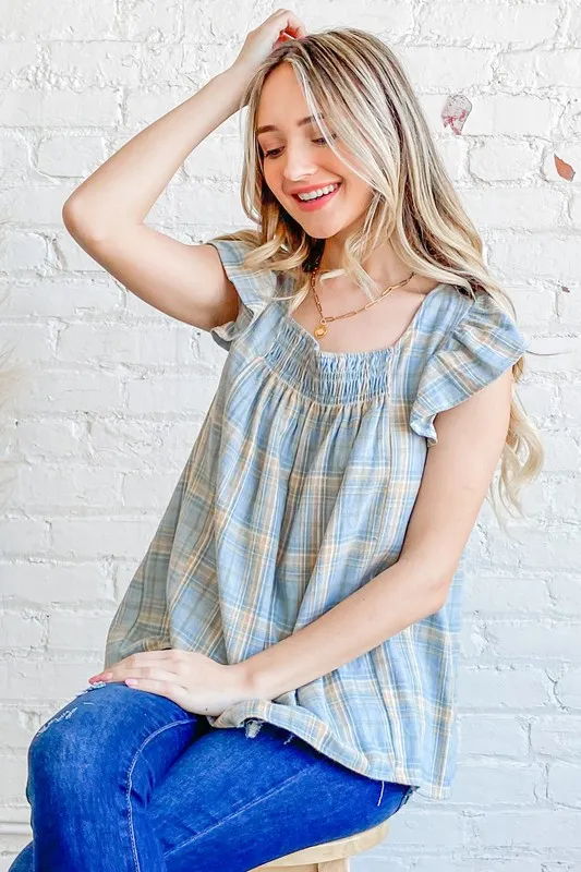 And The Why Plaid Print Smocked Detail Ruffle Baby Doll Top - Image 6