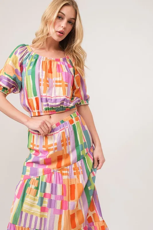 And The Why Puff Sleeve Elastic Edges Geo Printed Crop Top - Image 7