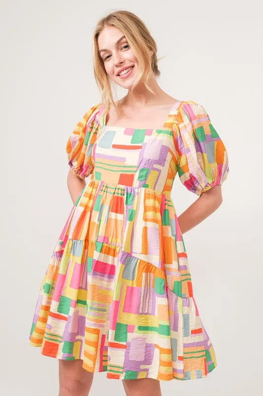 And The Why Square Neck Puff Sleeve Geo Printed Mini Dress - Image 3