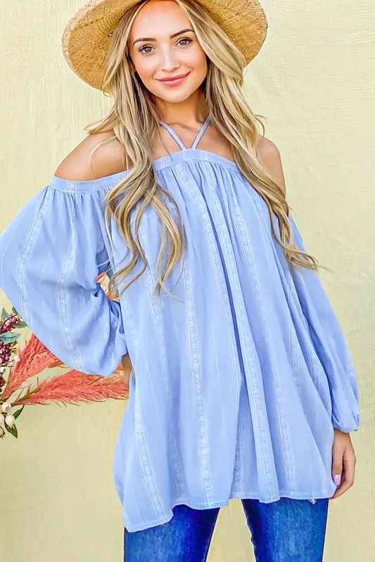 And The Why Stripe Printed Cold Shoulder Halter Neck Top - Image 5