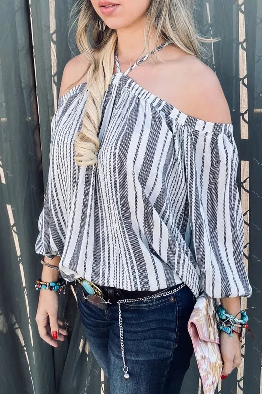 And The Why Stripe Printed Cold Shoulder Halter Neck Top - Image 4
