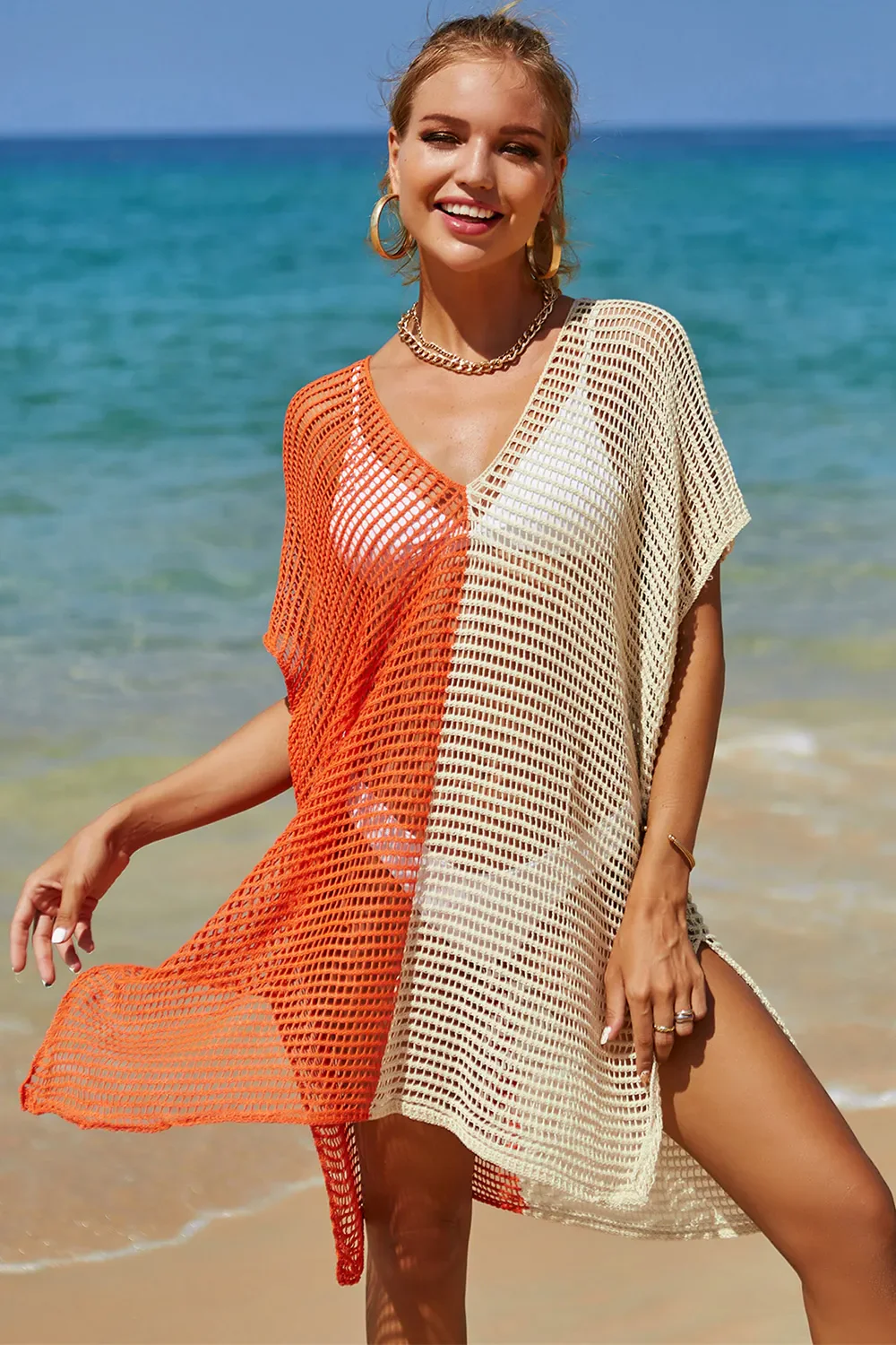 Angel Wings Openwork Contrast Slit Knit Cover Up - Image 16