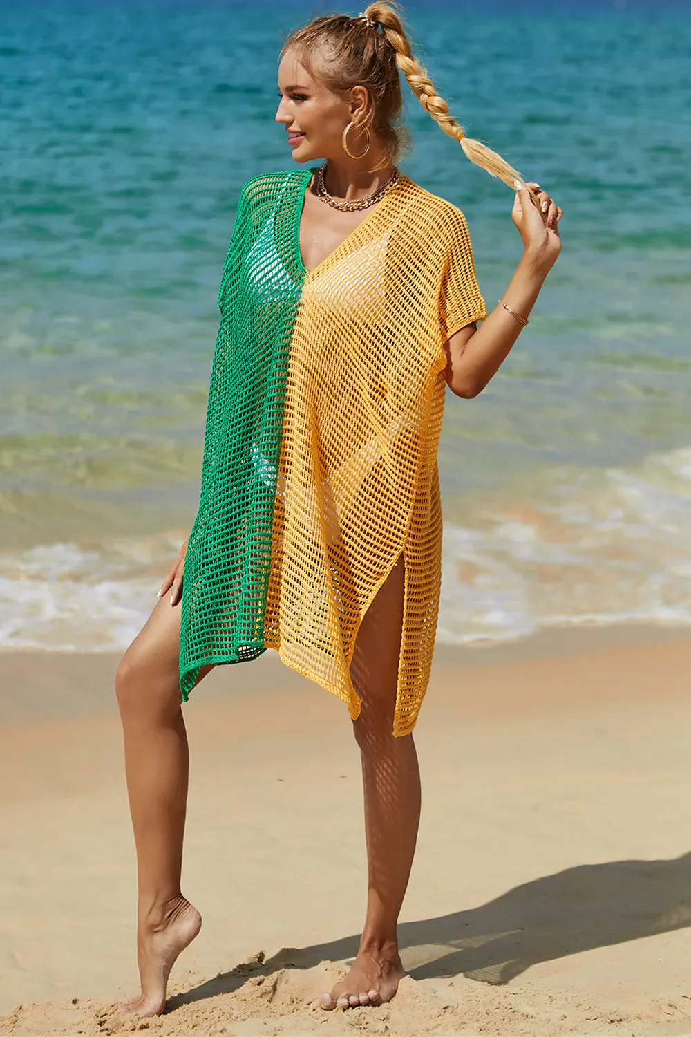 Angel Wings Openwork Contrast Slit Knit Cover Up - Image 22
