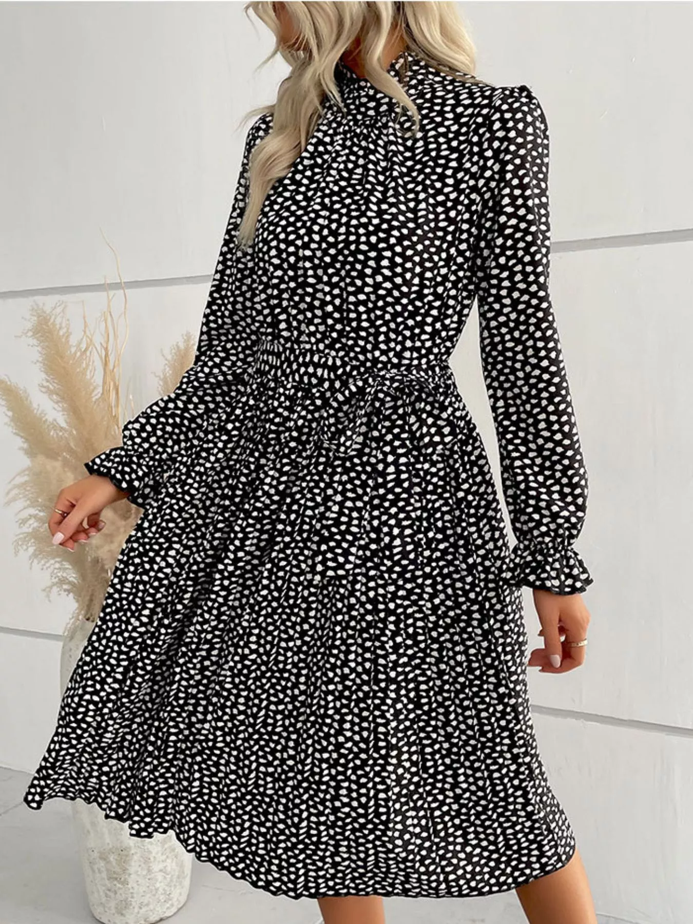 Animal Print Mock Neck Flounce Sleeve Dress - Image 7