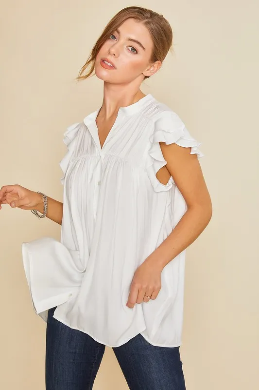 Annie Wear Ruffle Sleeve Shirred Flowy Woven Tunic Shirts - Image 3