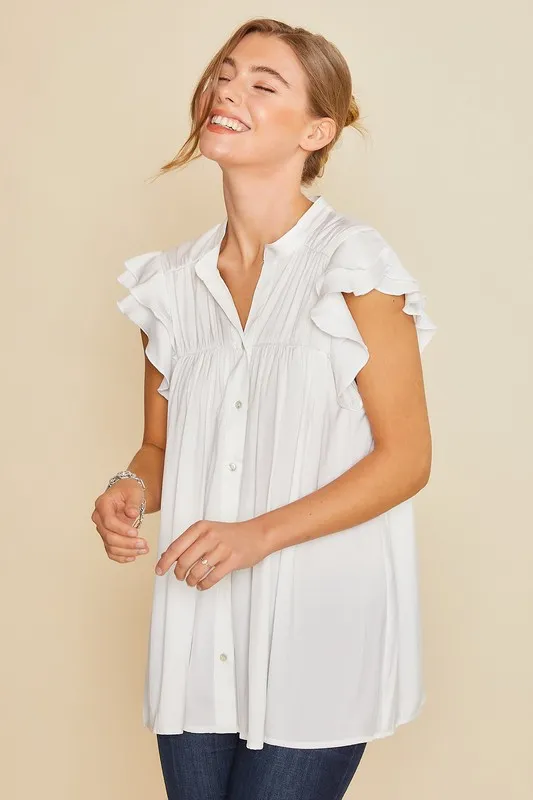 Annie Wear Ruffle Sleeve Shirred Flowy Woven Tunic Shirts - Image 4