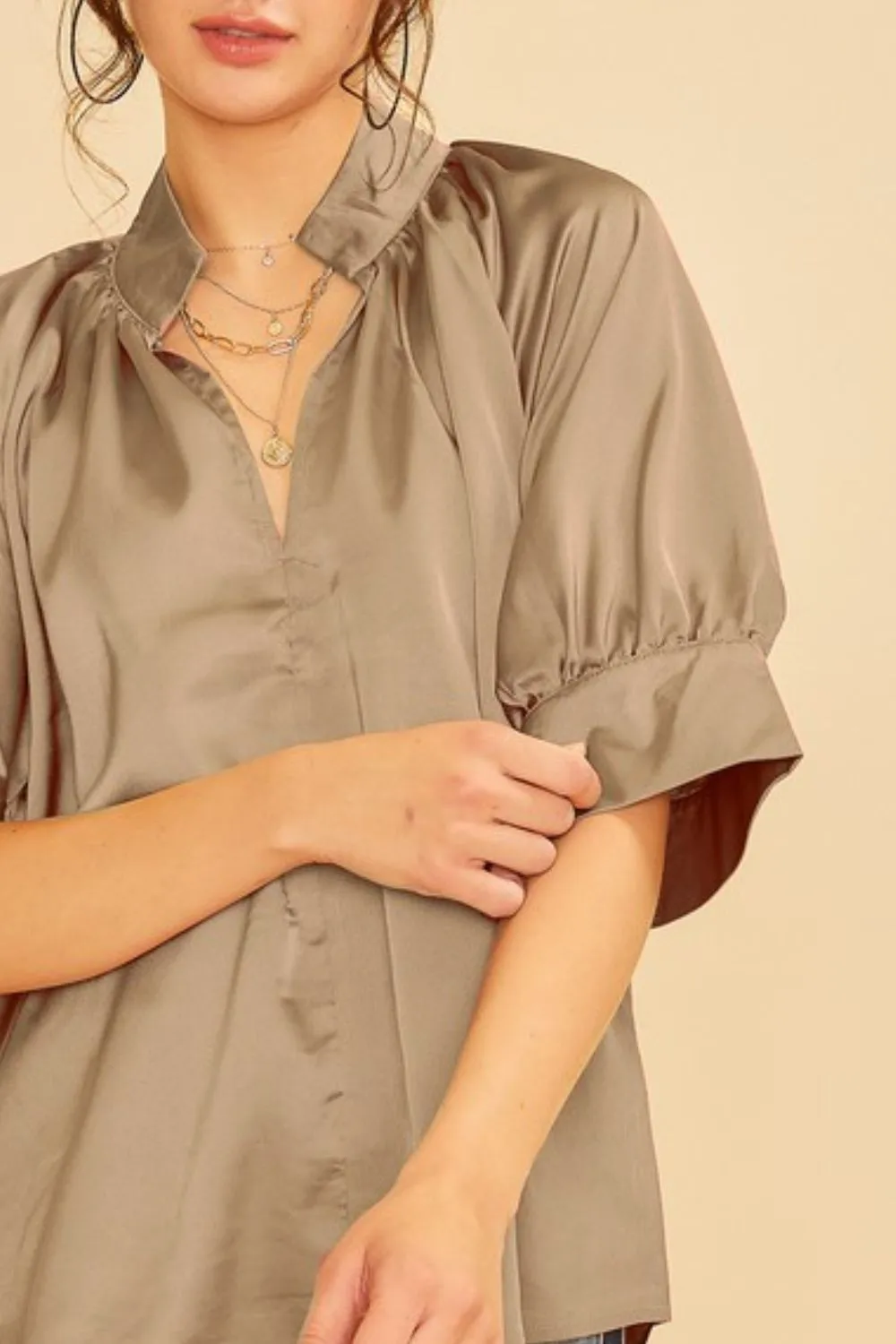 Annie Wear Satin V Neck Open Short Sleeve Woven Blouse Top - Image 2