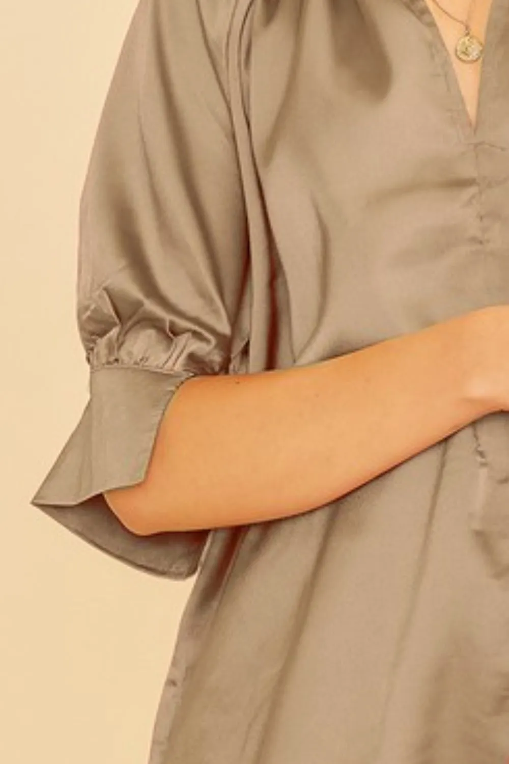 Annie Wear Satin V Neck Open Short Sleeve Woven Blouse Top - Image 3