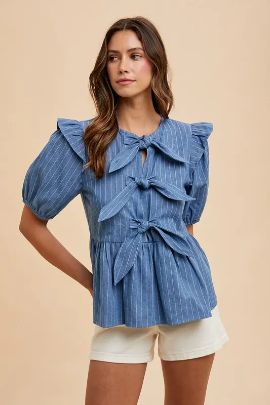 Annie Wear Stripe Front Bow Denim Peplum Blouse - Image 2
