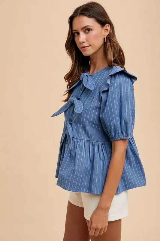 Annie Wear Stripe Front Bow Denim Peplum Blouse - Image 3