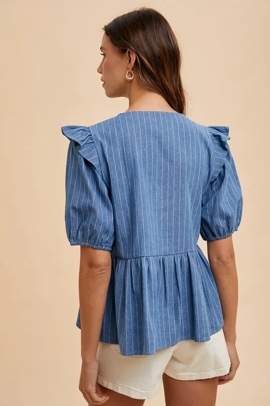 Annie Wear Stripe Front Bow Denim Peplum Blouse - Image 4