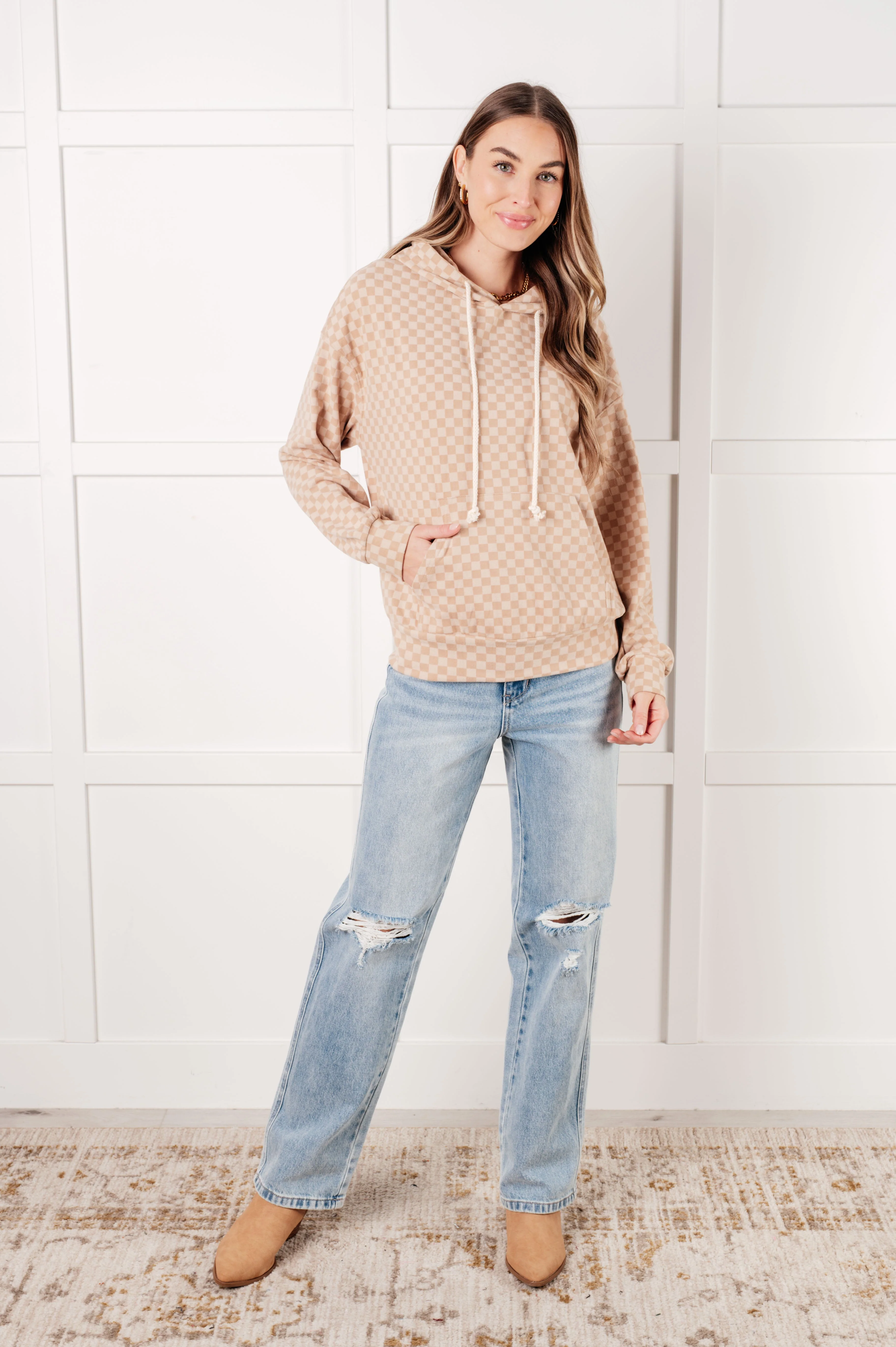 Ask Me Out Checkered Hoodie in Khaki - Image 3