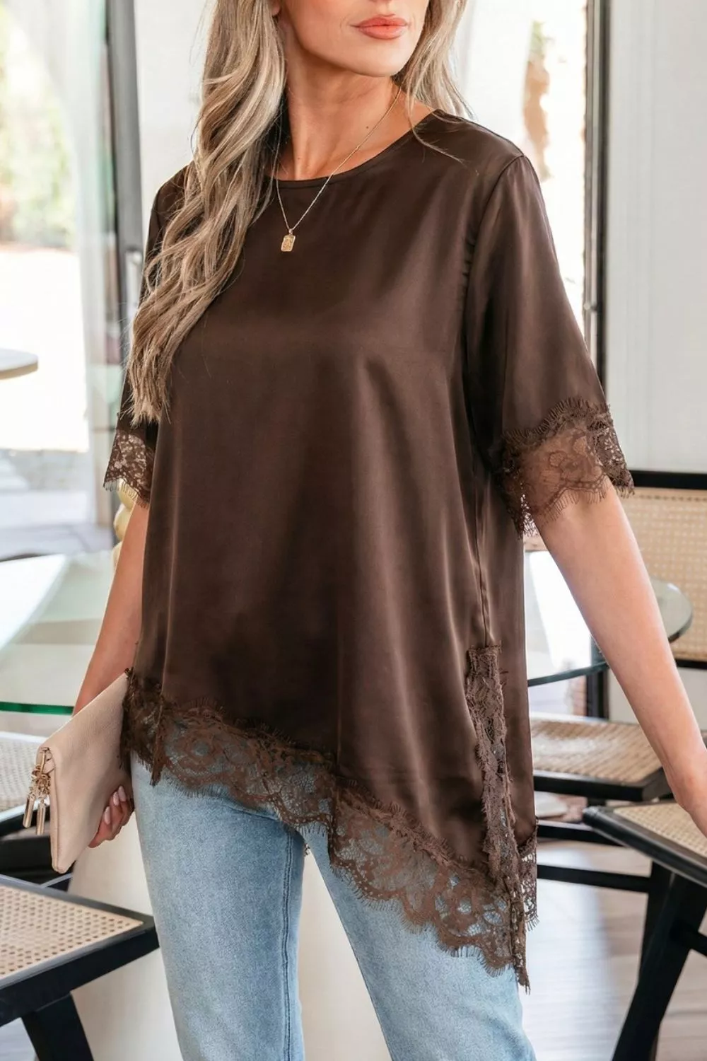 Asymmetric Lace Trim Short Sleeve Satin Top - Image 3