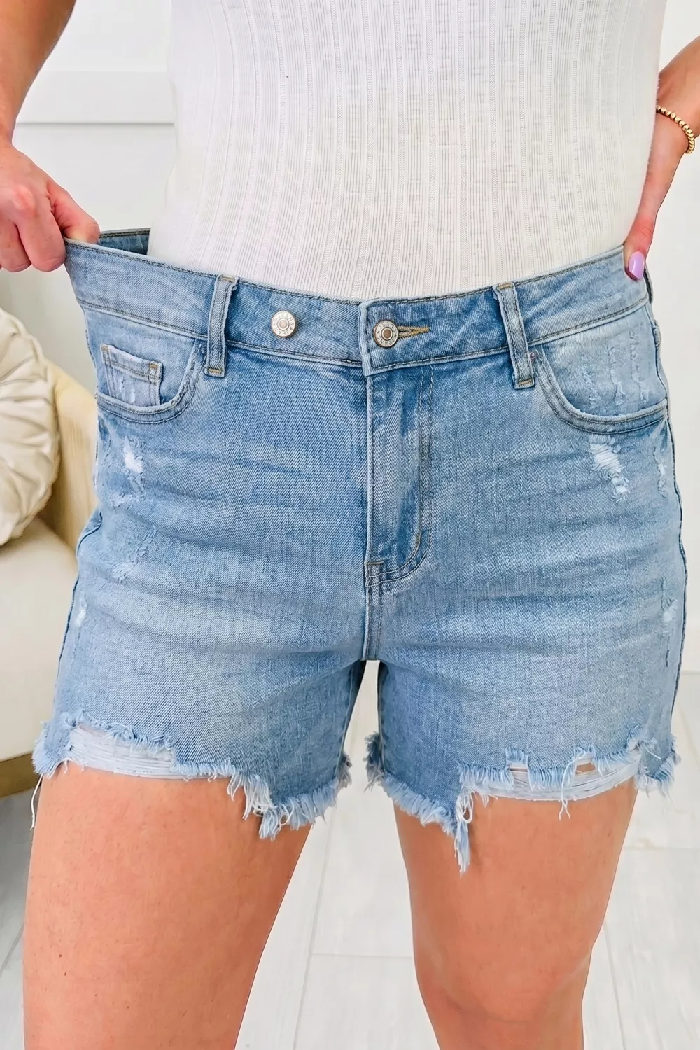 Asymmetric Raw Hem Distressed Whiskery Denim Shorts - Image 3
