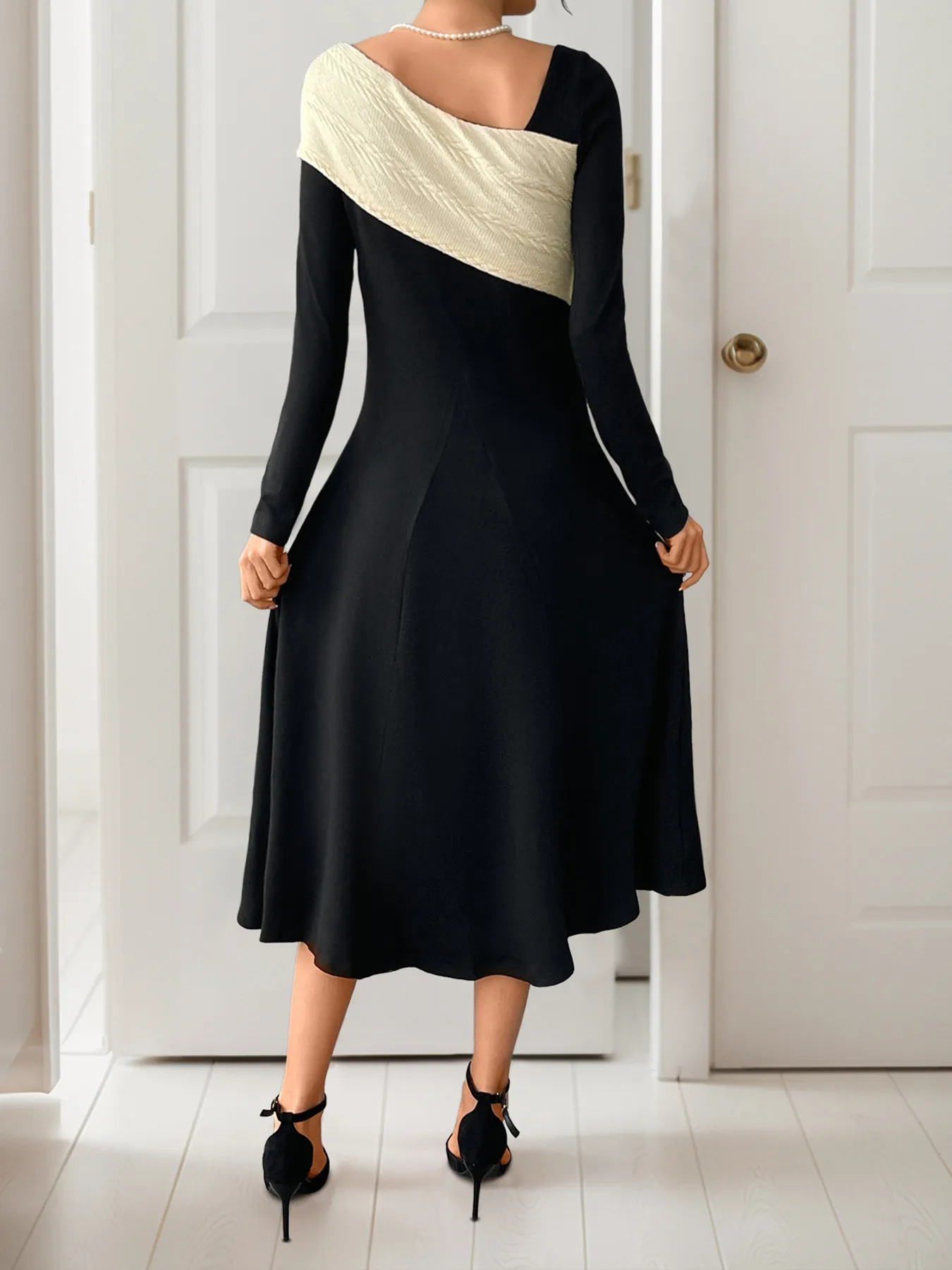 Asymmetrical Contrast Long Sleeve Dress - Image 6