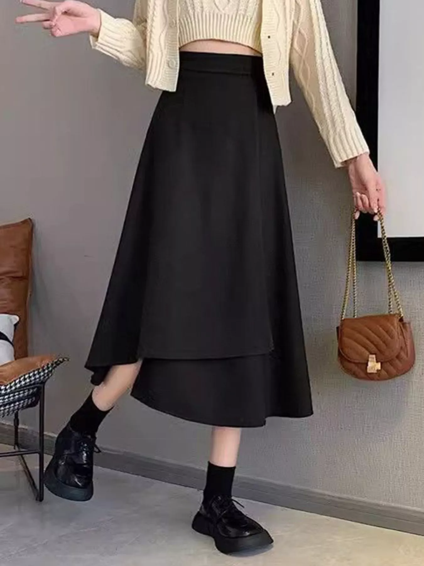 Asymmetrical Hem A-Line Skirt - Image 3
