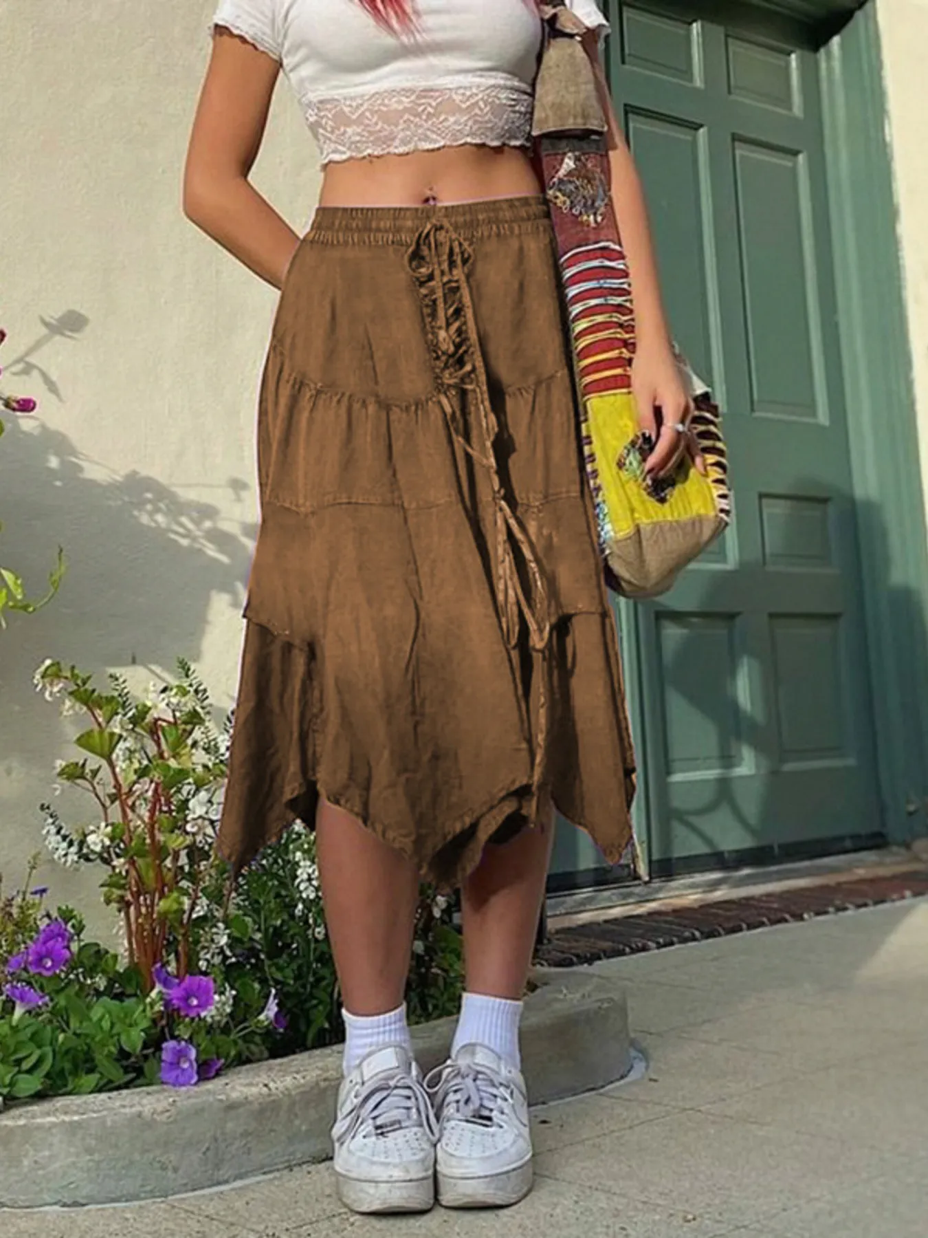 Asymmetrical Hem Midi Skirt with Drawstring Waist - Image 2