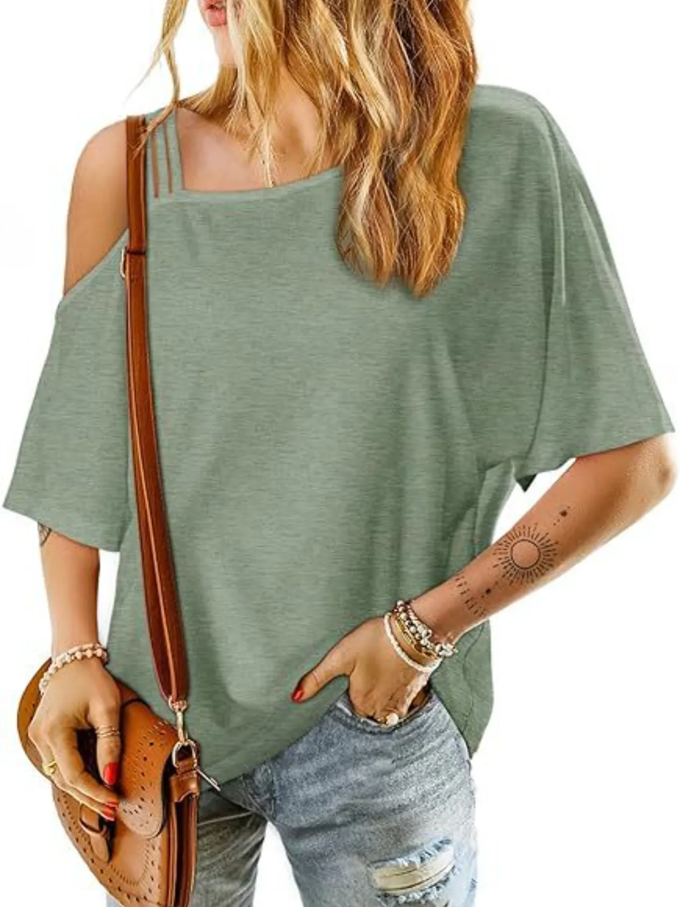 Asymmetrical Neck Half Sleeve T-Shirt - Image 4