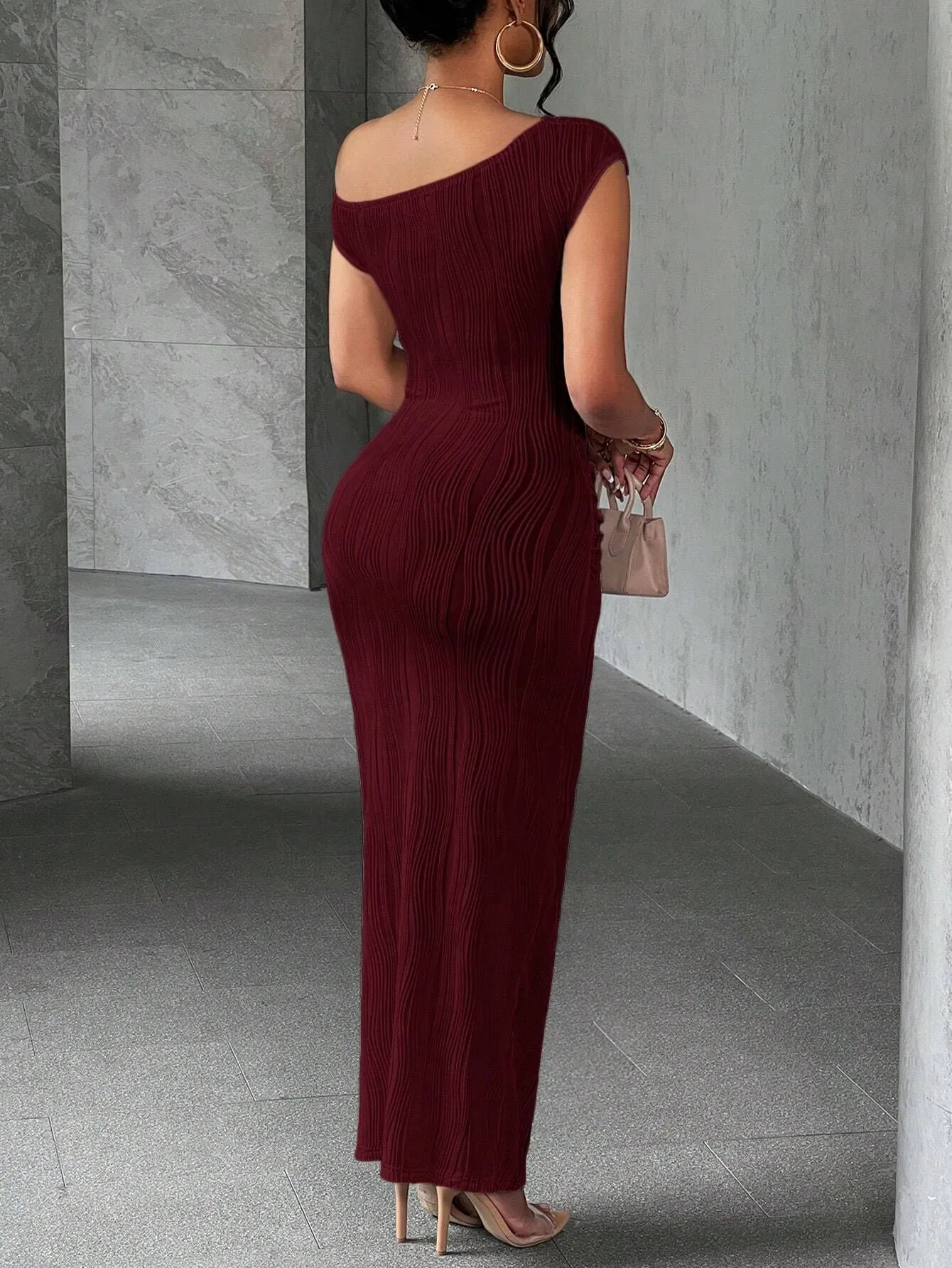 Asymmetrical One Shoulder Bodycon Maxi Dress - Image 12