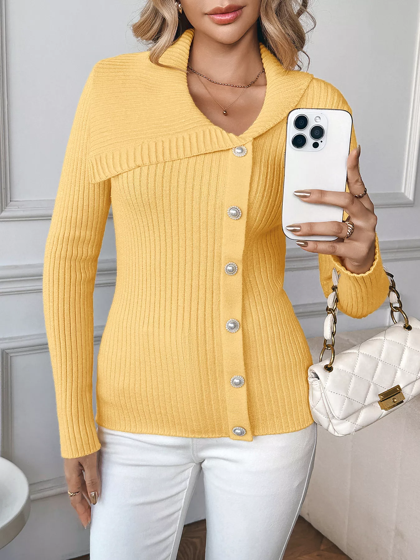 Asymmetrical Ribbed Button Up Cardigan - Image 4