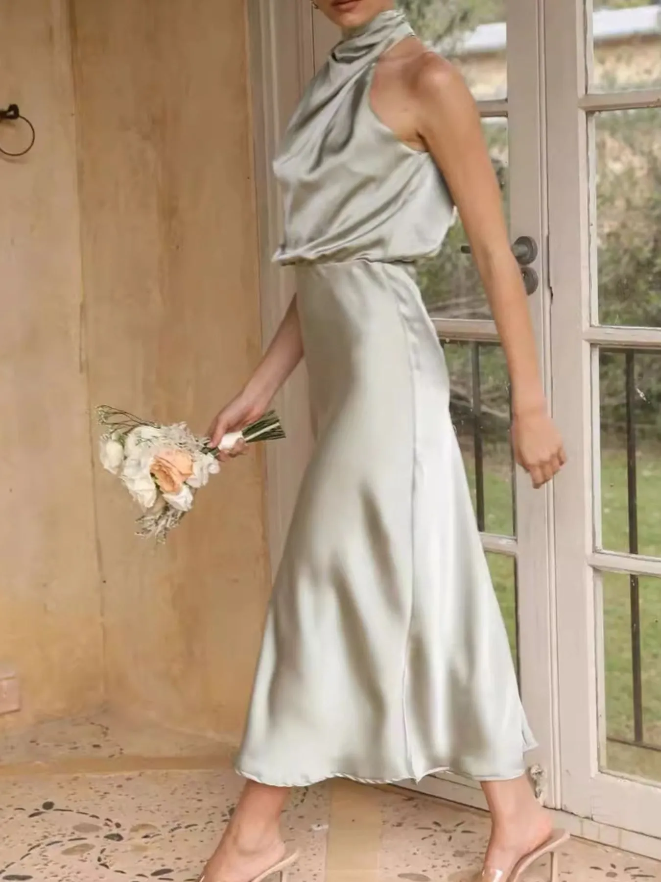 Asymmetrical Ruched Sleeveless Midi Dress - Image 5