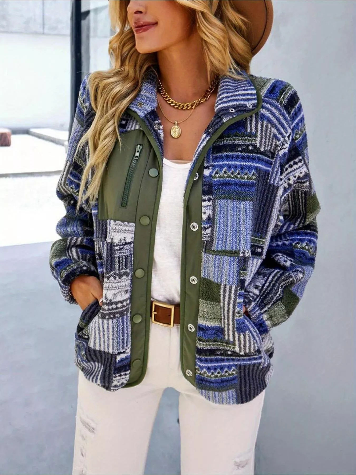 Aztec Print Fleece Snap Down Jacket - Image 8