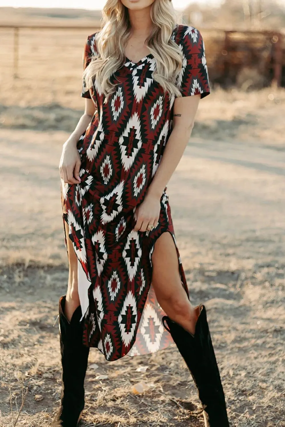 Aztec Print V-Neck Midi Dress - Image 16