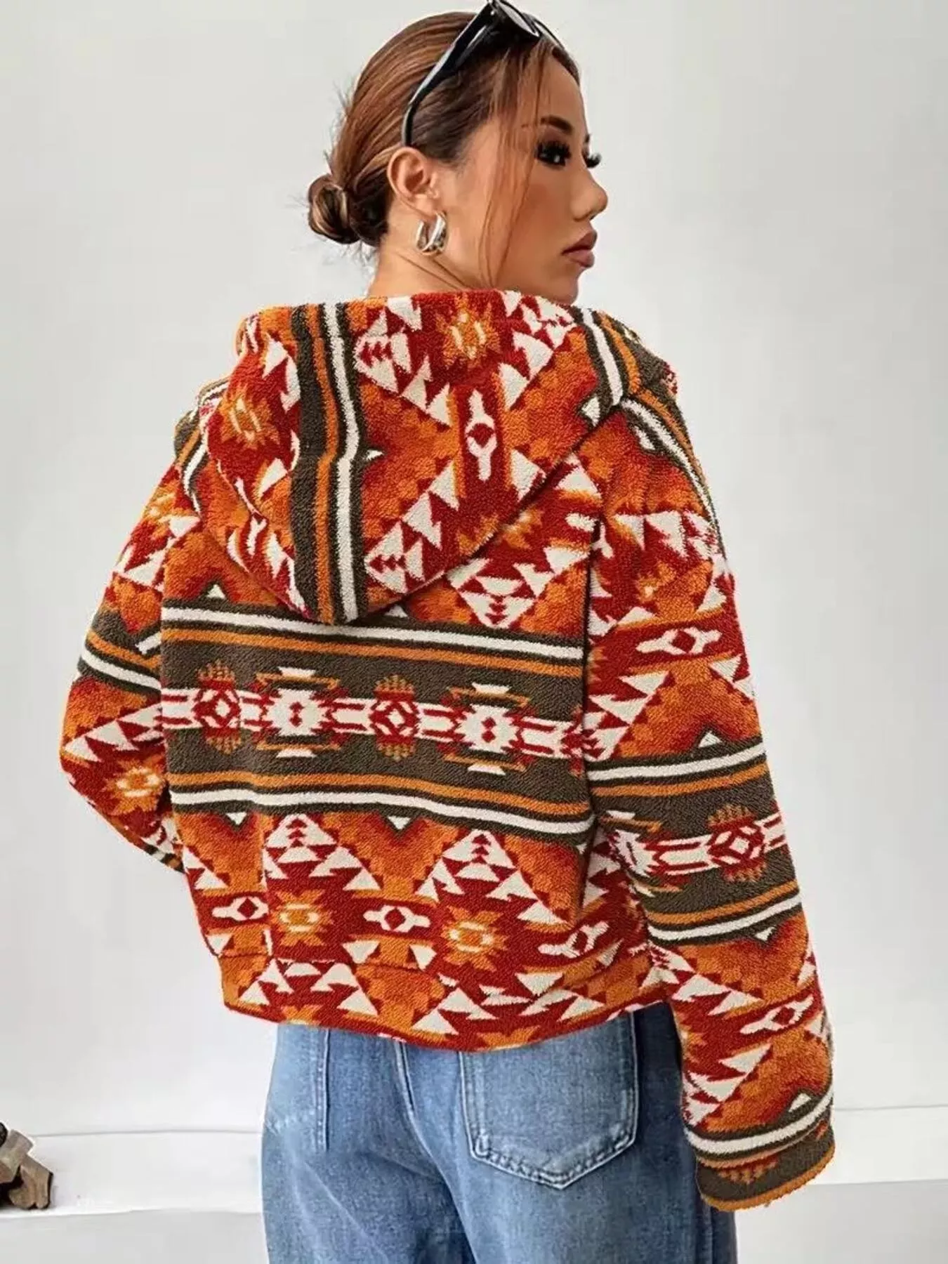 Aztec Print Zip Up Fuzzy Outerwear - Image 3