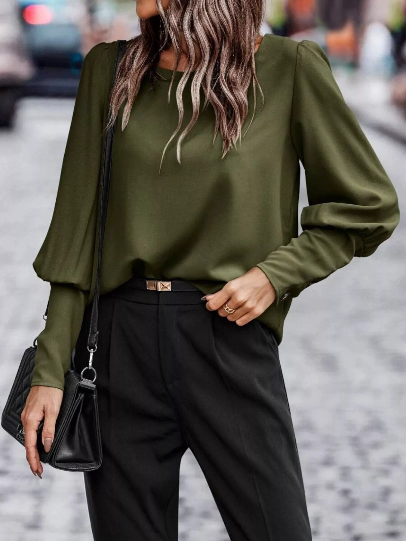 Back Button Lantern Sleeve Blouse - Image 16