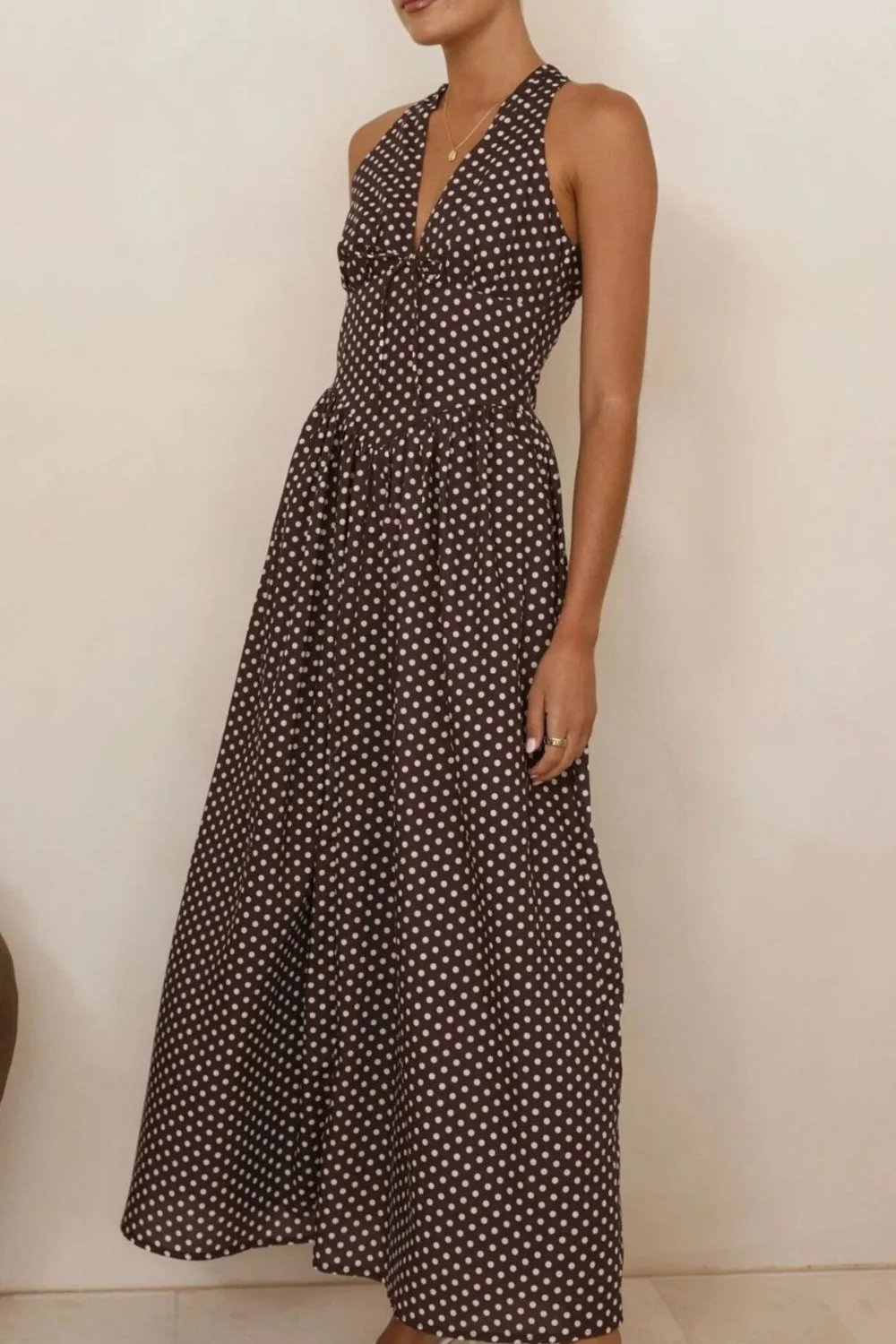 Backless Polka Dot Halter Neck Maxi Dress - Image 2