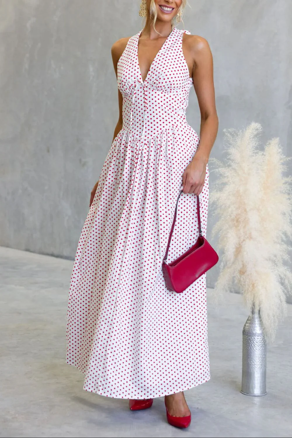 Backless Polka Dot Halter Neck Maxi Dress - Image 8