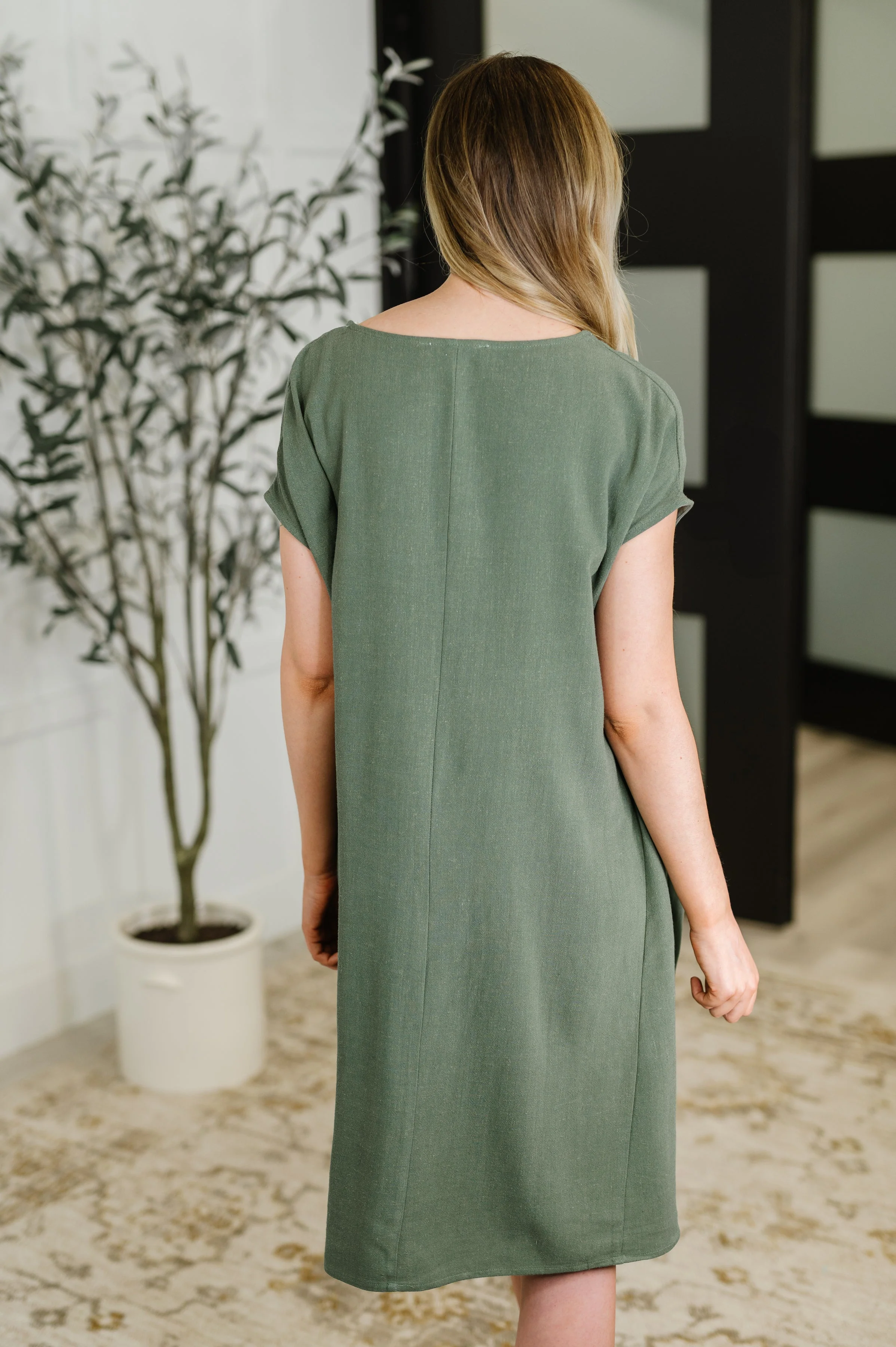 Barely Trying V-Neck Relaxed Dress in Gray Green - Image 5