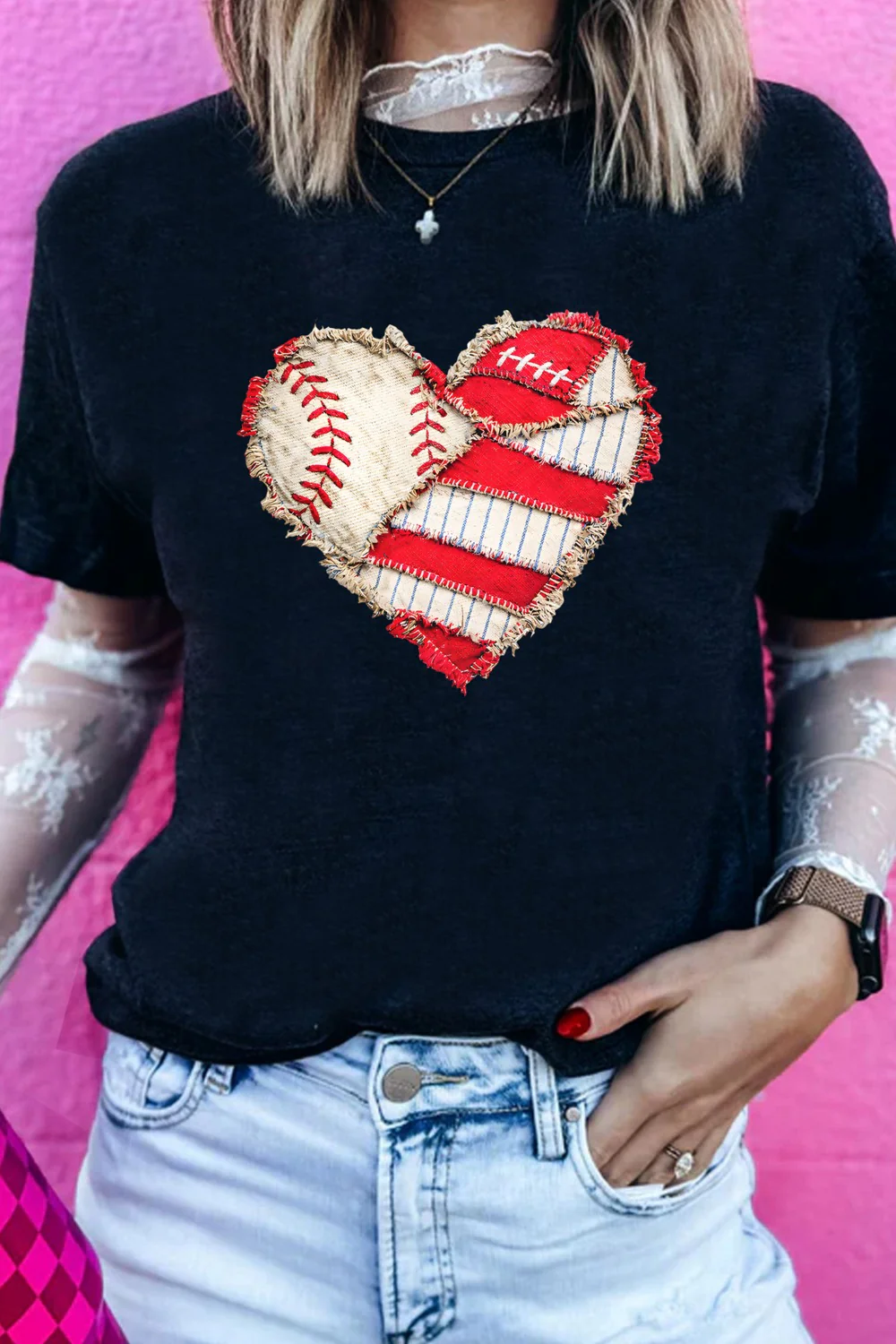 Baseball Distressed Heart Short Sleeve T Shirt - Image 4