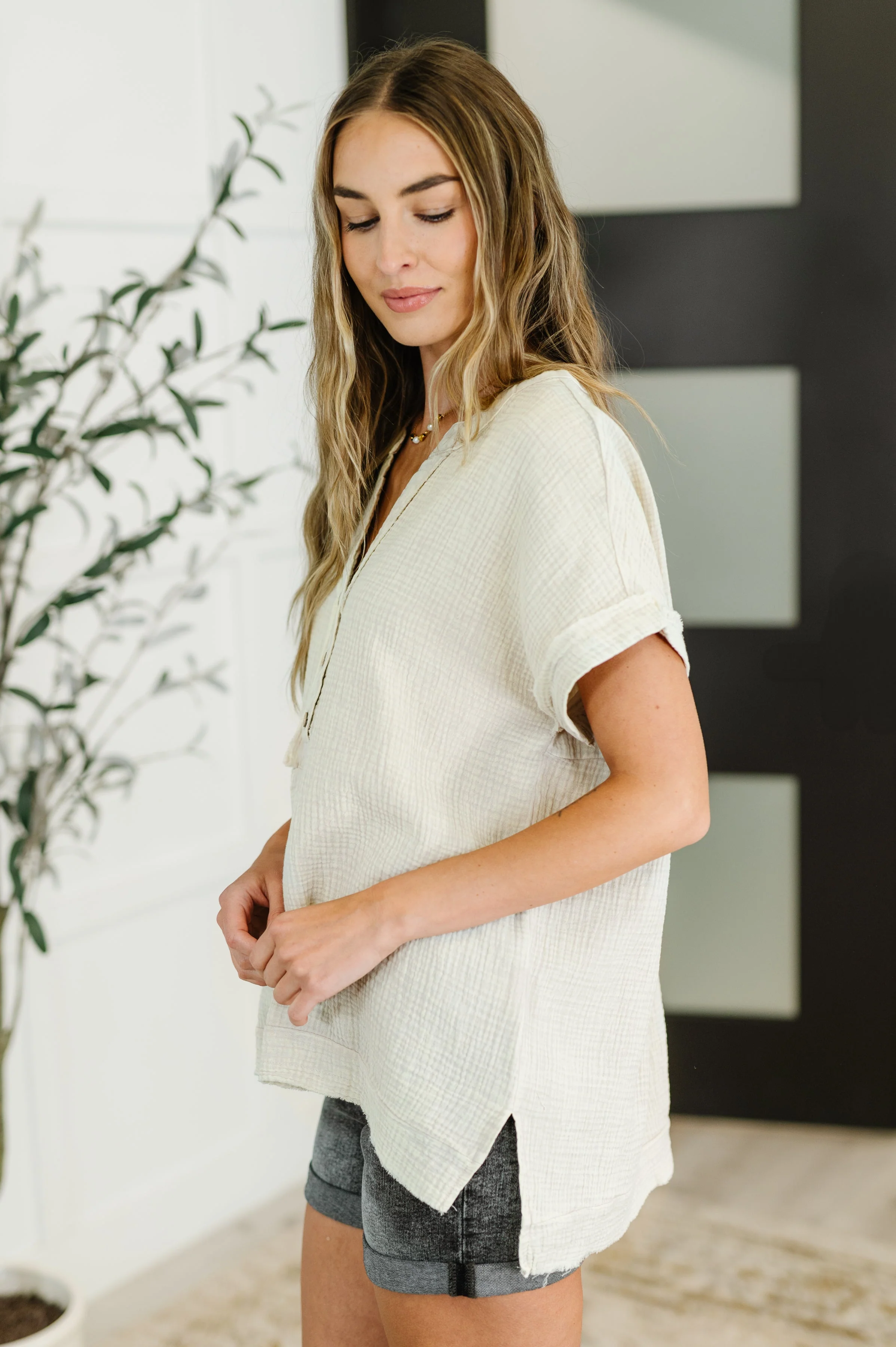 Basic Fade V-Neck Acid Wash Top in Sand Beige - Image 4