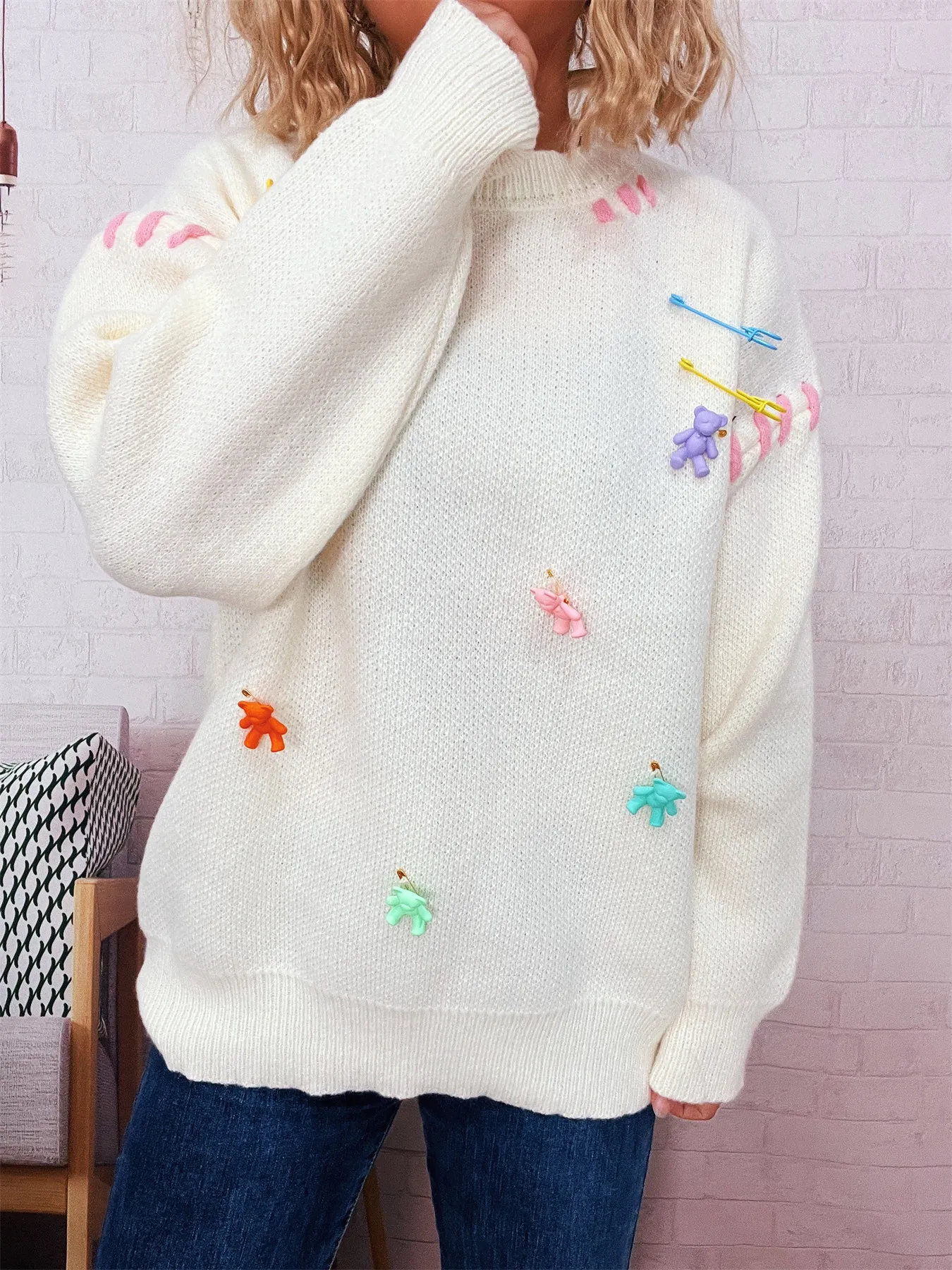 Bear Decoration Round Neck Sweater - Image 12