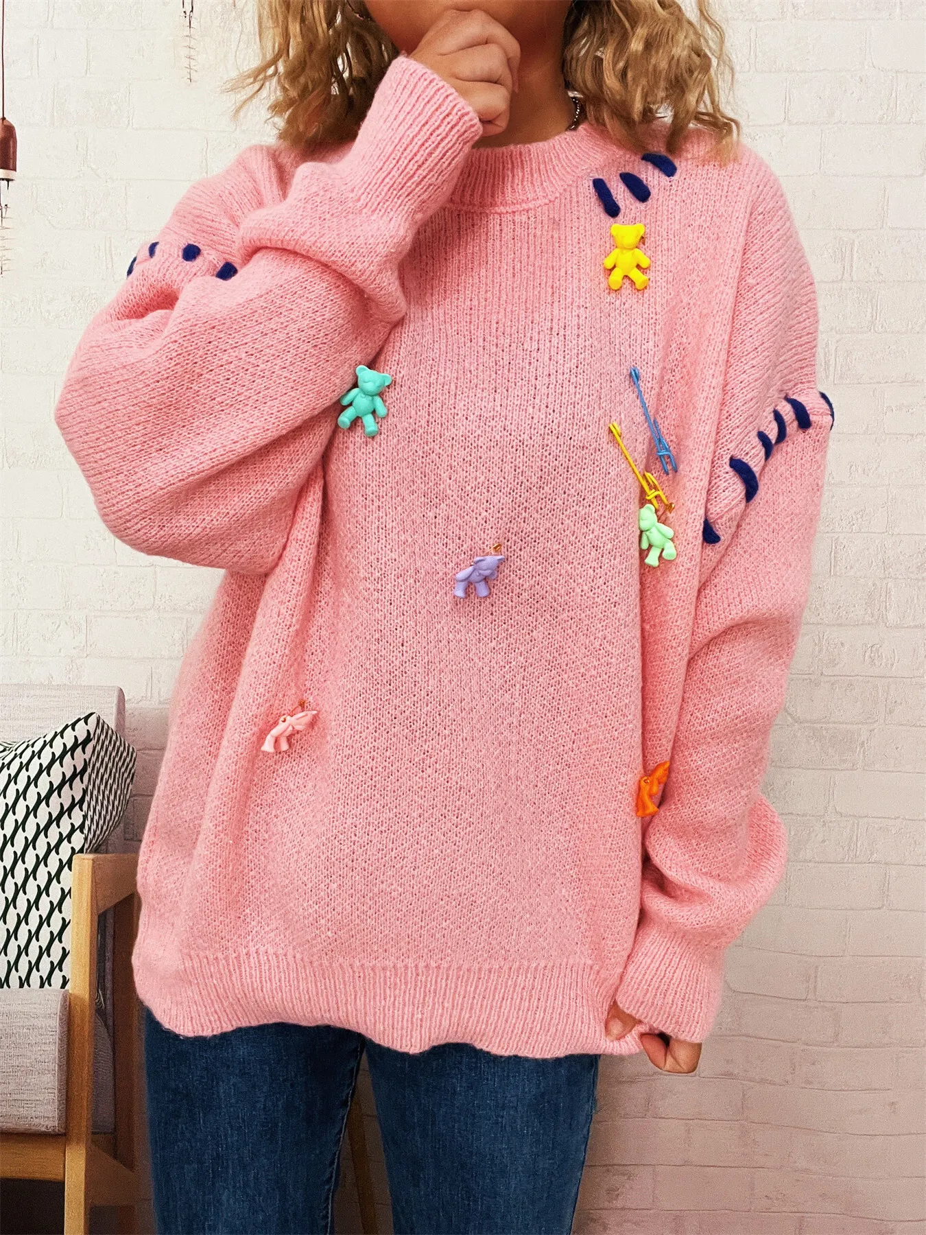 Bear Decoration Round Neck Sweater - Image 4