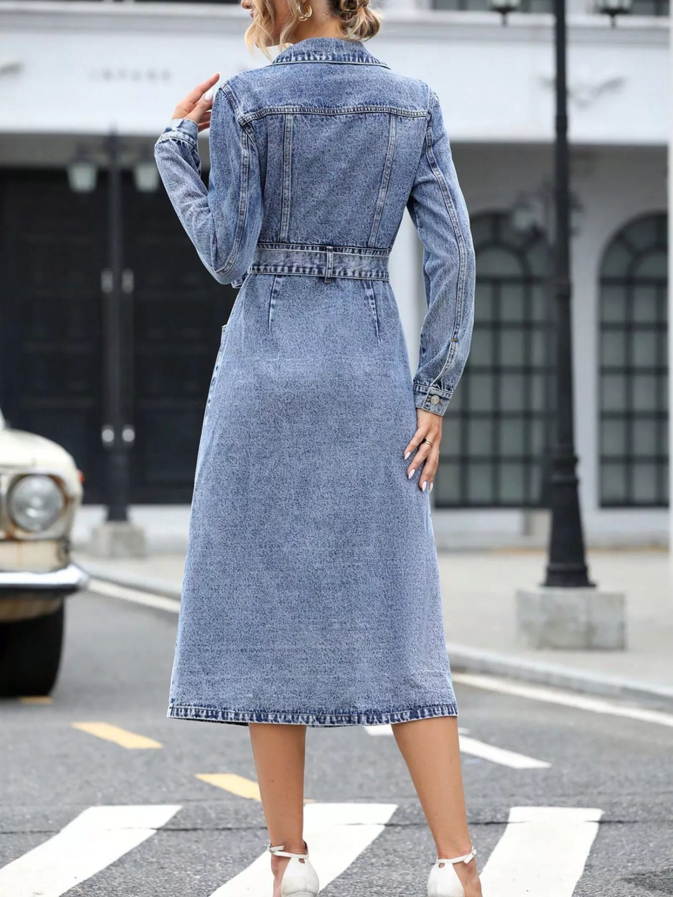 Belted Long Sleeve Denim Dress - Image 12