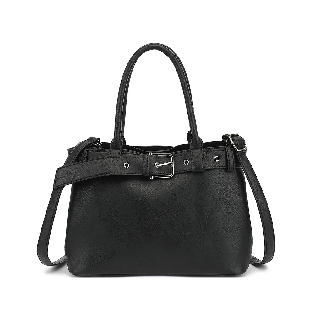 Belted Triple Compartment Satchel with Detachable Crossbody Strap - Image 2