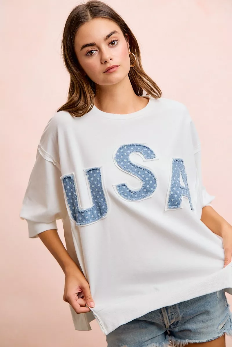 BiBi 4th Of July Usa Letter Patchwork French Terry Top - Image 2
