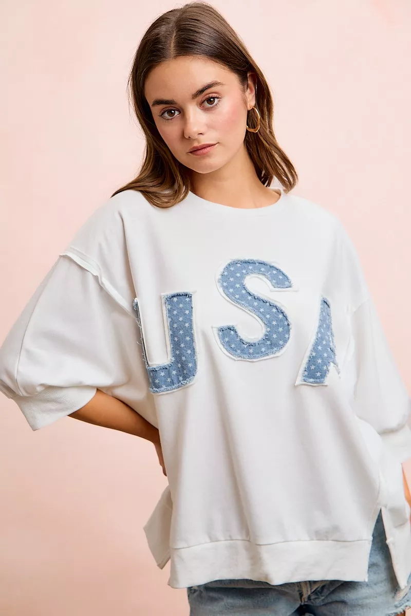 BiBi 4th Of July Usa Letter Patchwork French Terry Top - Image 3