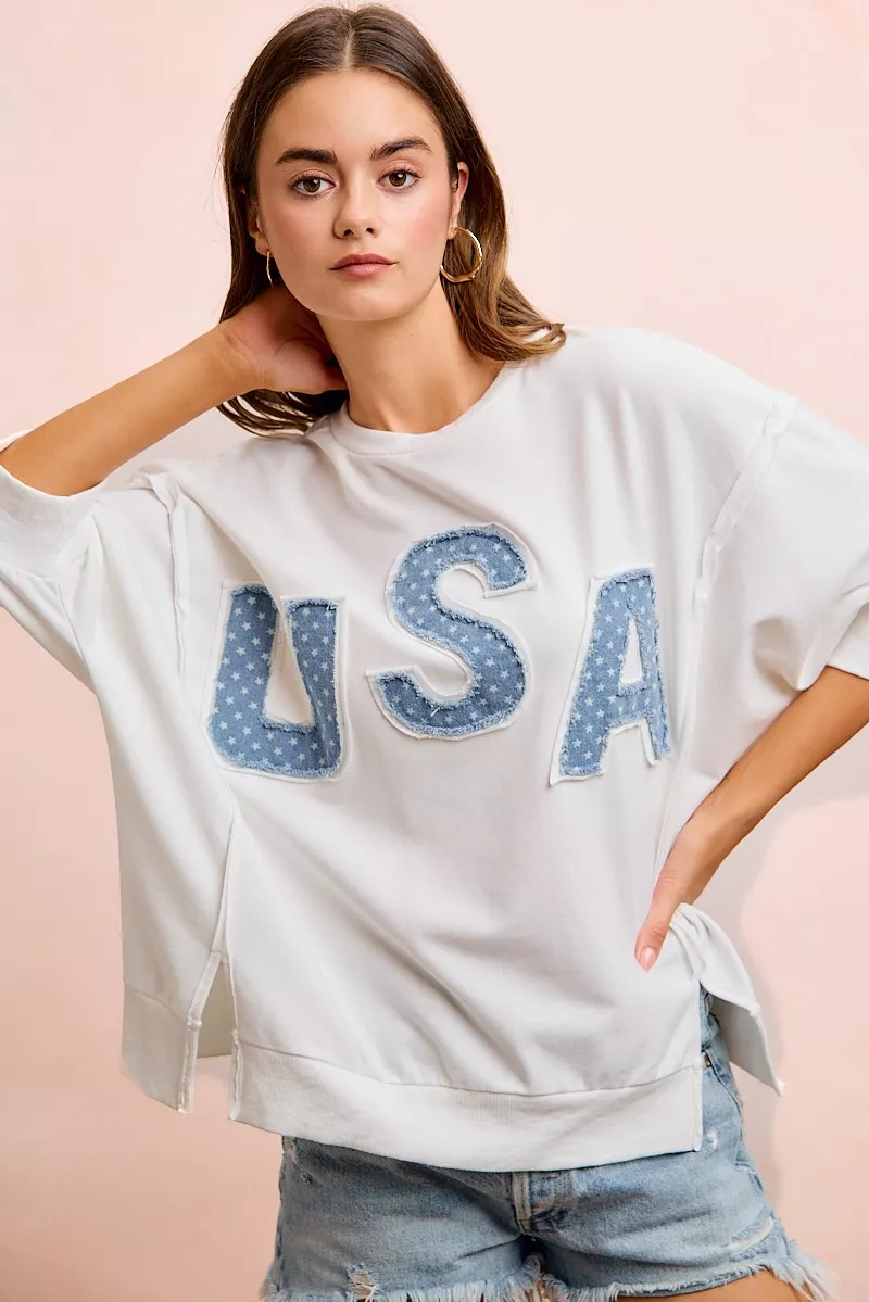 BiBi 4th Of July Usa Letter Patchwork French Terry Top - Image 6