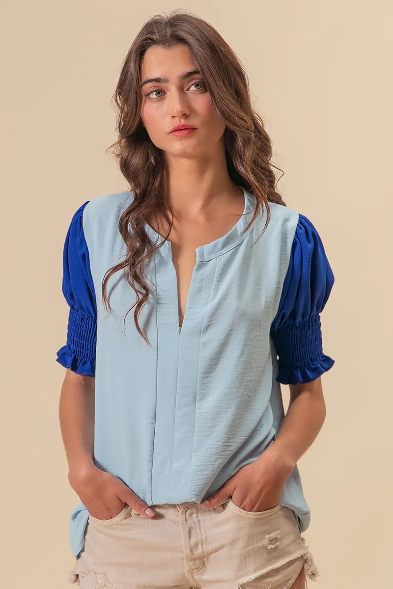 BiBi Air Flow Color Block Puff Sleeves V Neck Top - Image 8