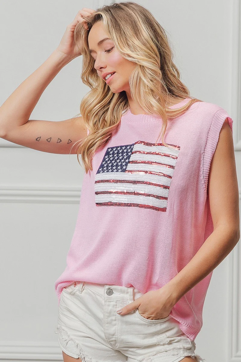 BiBi American Flag Sequins Patch Knit Top - Image 4