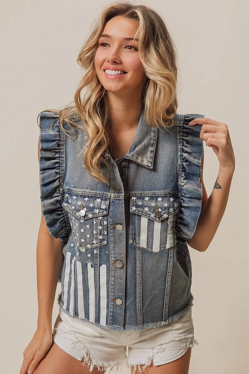 BiBi American Flag Washed Denim Jacket - Image 4