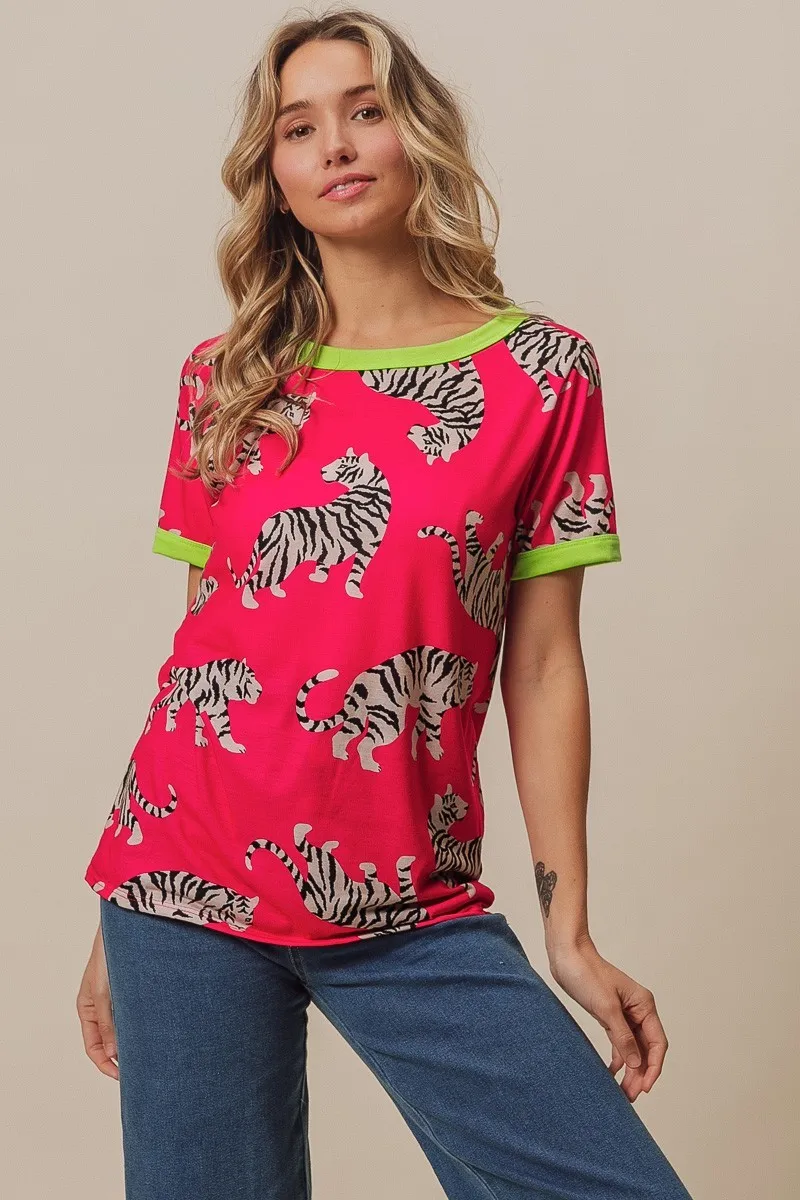 BiBi Big Tiger Print Jersey Contrast Ringer Top - Image 11