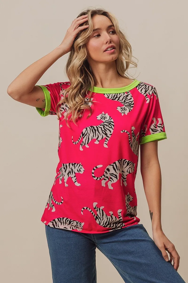 BiBi Big Tiger Print Jersey Contrast Ringer Top - Image 12