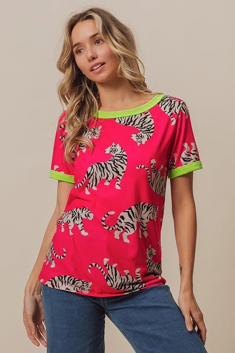 BiBi Big Tiger Print Jersey Contrast Ringer Top - Image 3