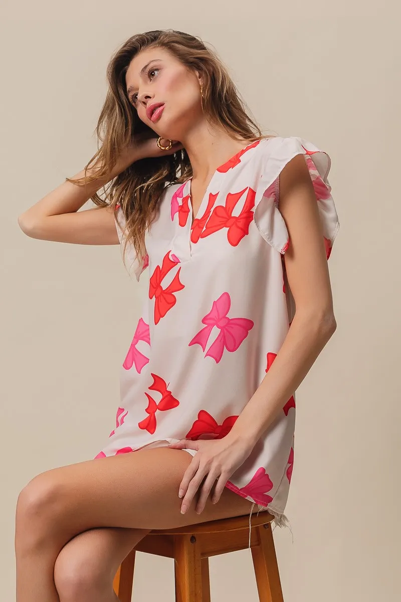 BiBi Bow Printed Woven Ruffled Sleeves V Neck Top - Image 14