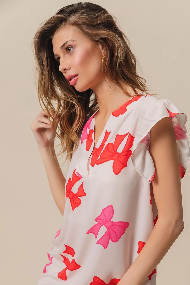 BiBi Bow Printed Woven Ruffled Sleeves V Neck Top - Image 5